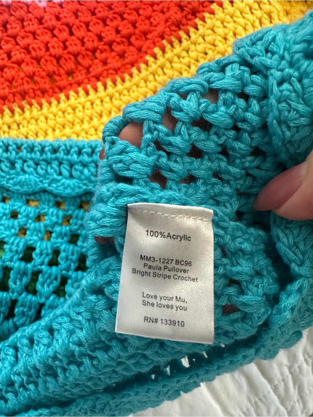 Mumu Rainbow Crochet Knit Sweater - Pink, Red, Yellow, Green, Blue - Picture 7 of 7